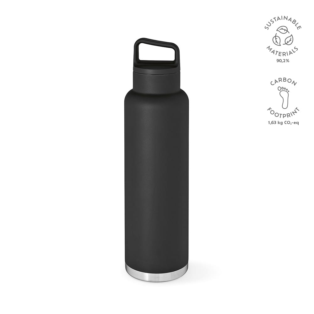 A drink bottle in matte black, featuring a double wall, leakproof design, and a convenient handle. Includes a logo.