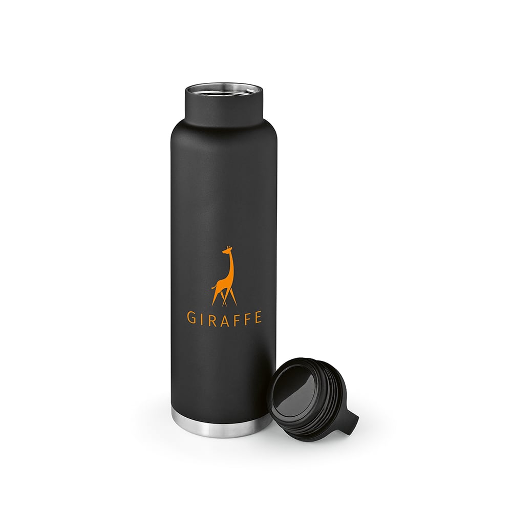 A drink bottle in matte black with a silver base and a detachable black lid, featuring a logo of a giraffe.