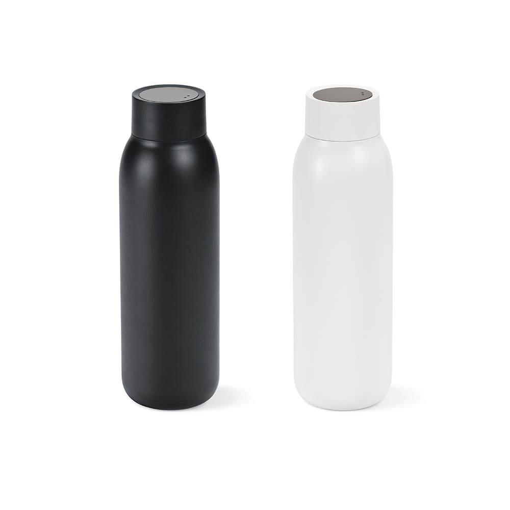 A drink bottle featuring a sleek black and white design. It is double wall, leakproof, and includes an LED display.