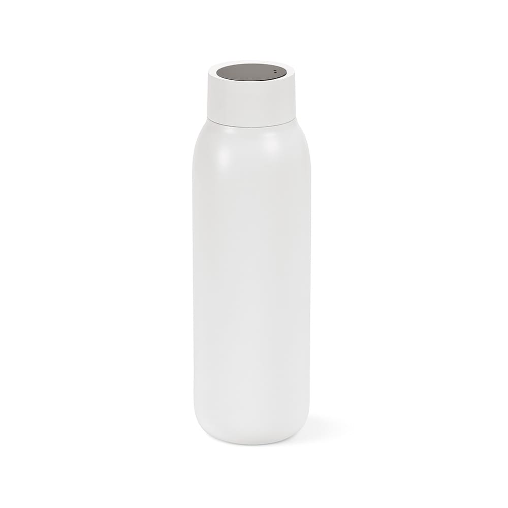 A drink bottle in white, featuring a double wall, leakproof design, and an integrated LED display.