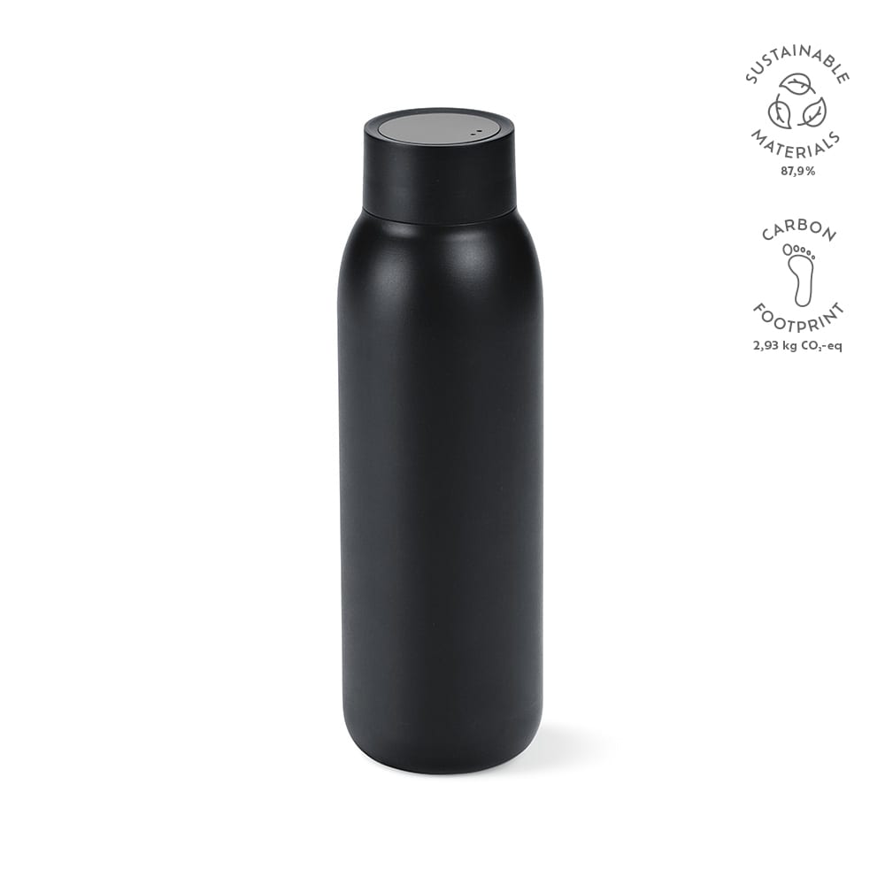 A drink bottle in matte black with a double wall, leakproof design, and an LED display on the lid. Features a logo.