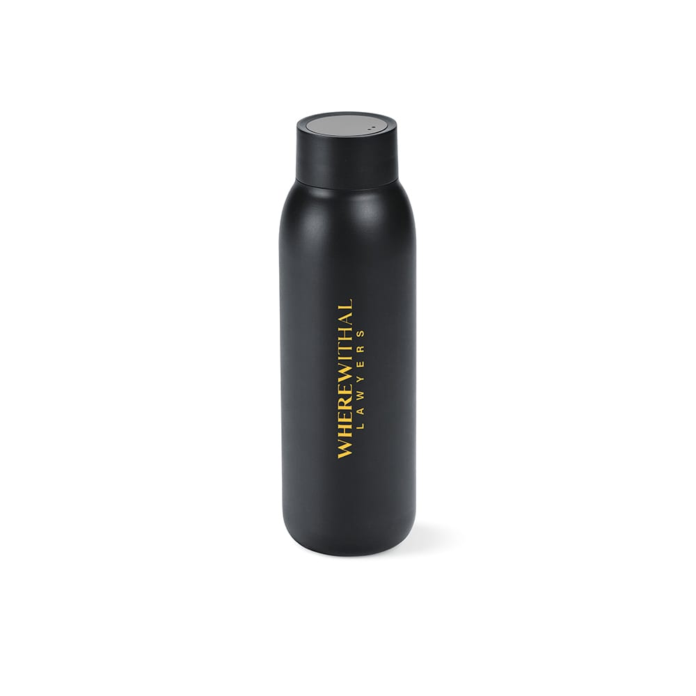 A drink bottle in sleek black with a double wall, leakproof design, and an integrated LED display.