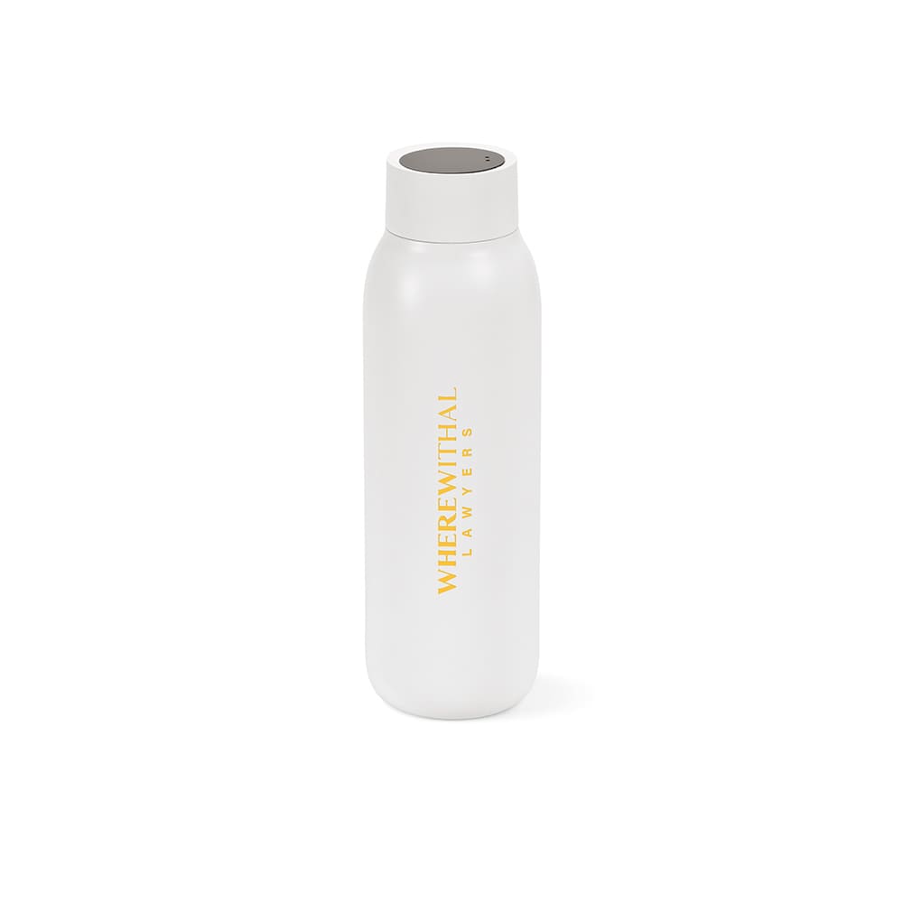 A drink bottle in white with a sleek, double wall design and a leakproof lid, featuring a branding logo.