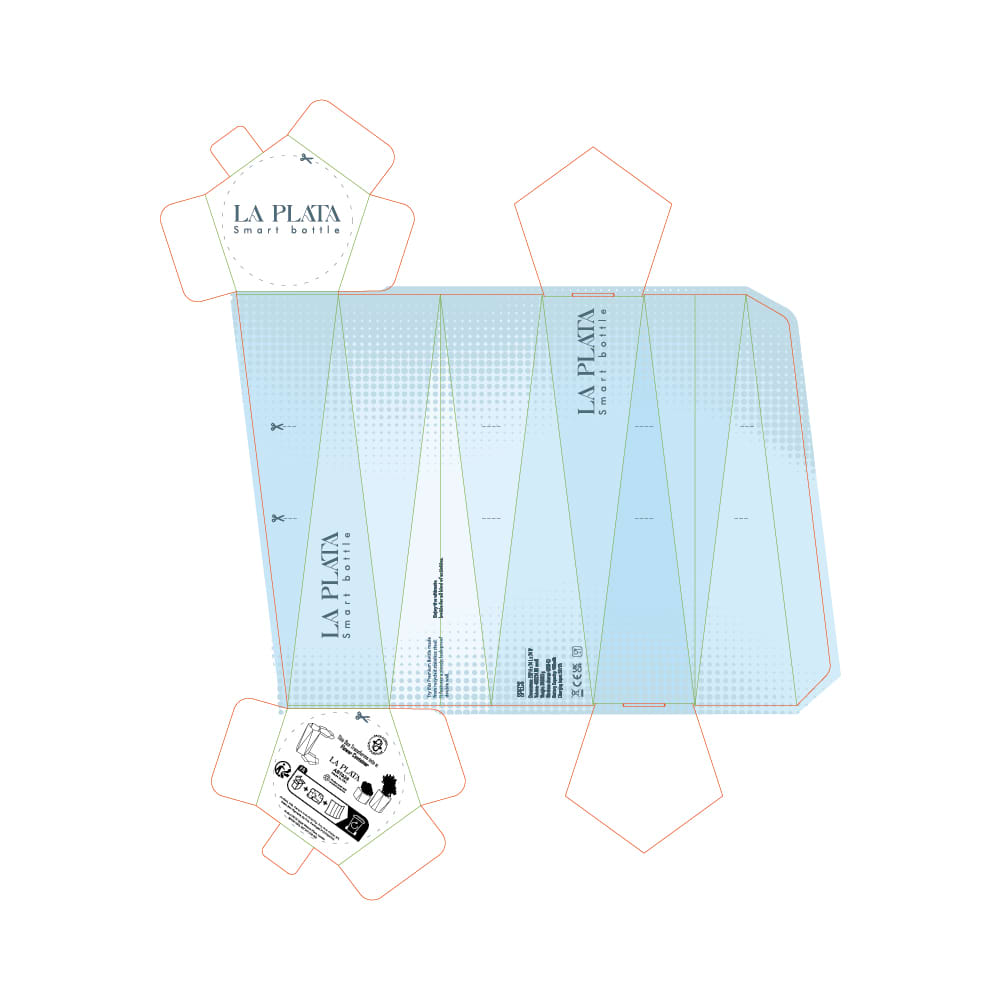 A drink bottle packaging outline featuring a light blue design, double wall, and leakproof elements. Includes a logo.