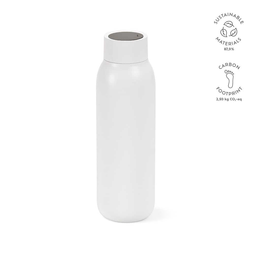 A drink bottle in white, featuring a double wall design, leakproof construction, and an integrated LED display.