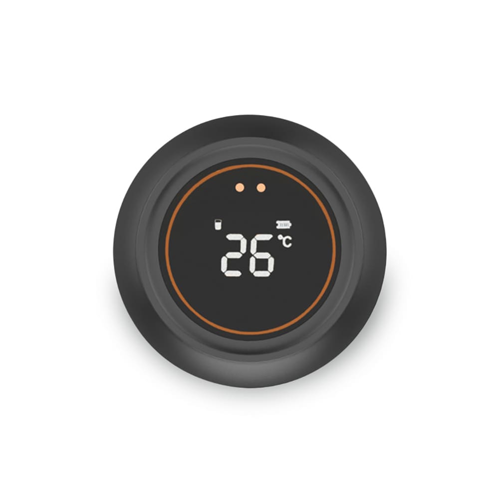 A drink bottle with a round, black LED display showing temperature readings and indicators. Features a leakproof design.