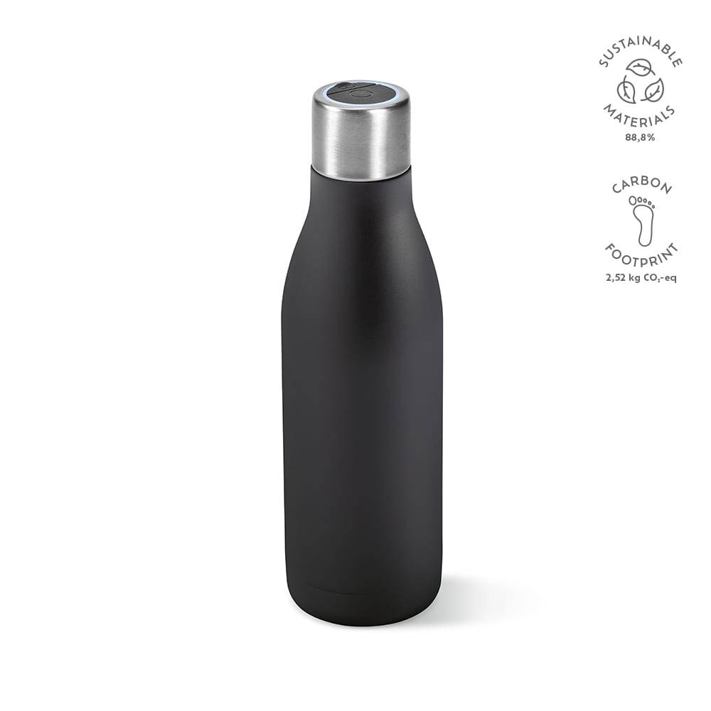A drink bottle in matte black with a stainless steel cap, featuring a logo and sustainable materials information.