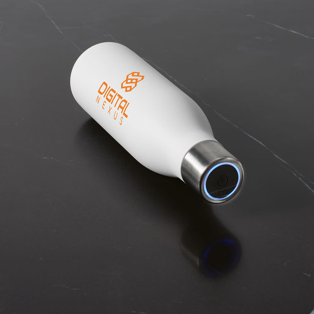 A drink bottle with a white matte finish, stainless steel base, and a logo on the side. Features a leakproof design.