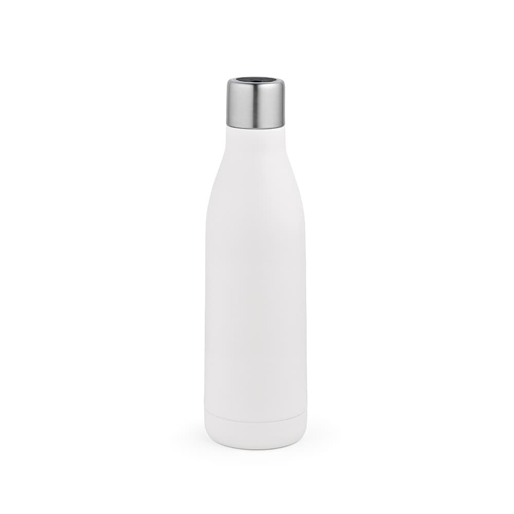 A drink bottle in white with a silver cap, featuring a double wall and leakproof design. It has a logo.