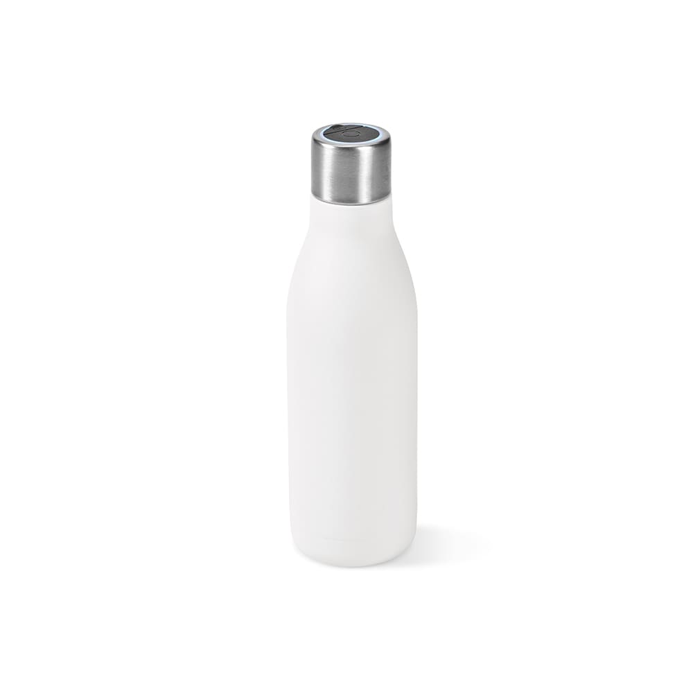A drink bottle in white with a stainless steel lid, featuring a double wall and a leakproof design.