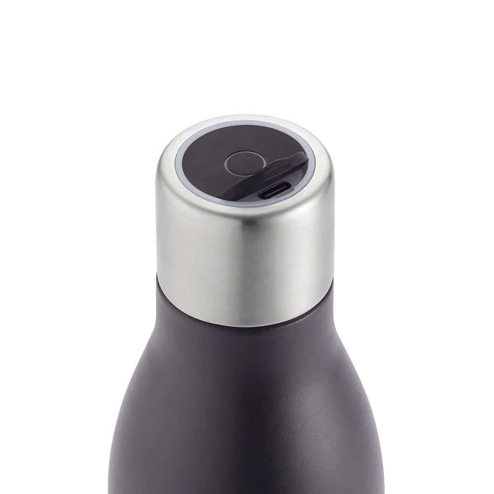 A drink bottle with a double wall design, metallic grey top, and a leakproof lid, featuring a logo.