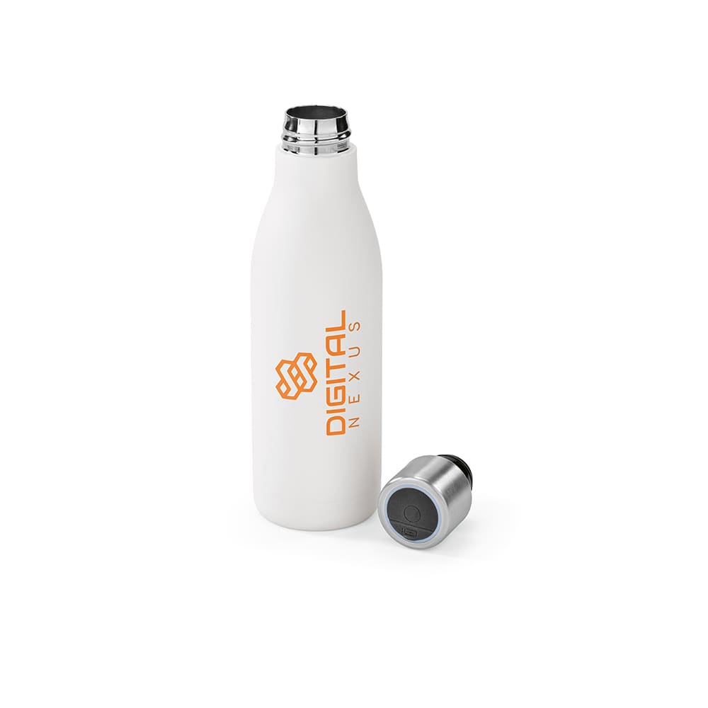 A drink bottle in white with a silver cap and a branding logo, featuring double wall insulation and leakproof design.