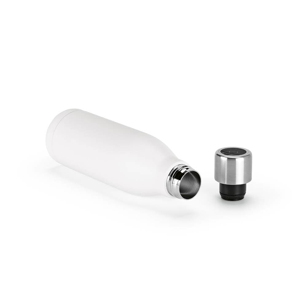 A drink bottle in white with a stainless steel lid, designed to be double-walled and leakproof. Features a logo.