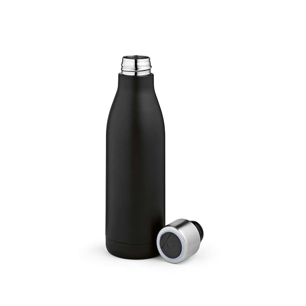 A drink bottle in matte black with a silver screw-on cap, featuring a logo and a double wall design.