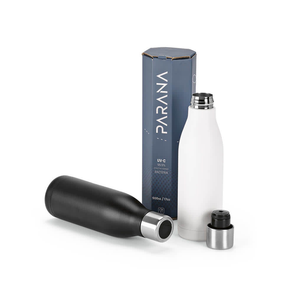 A drink bottle in black and white, featuring a double wall, leakproof design, and a UV sanitizer. Includes packaging.