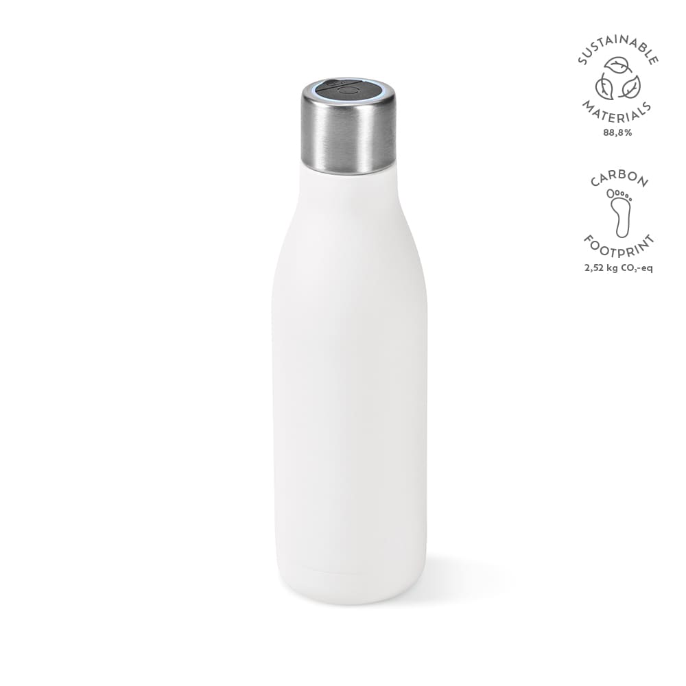 A drink bottle in white with a stainless steel lid, featuring a logo and sustainable materials indicators.