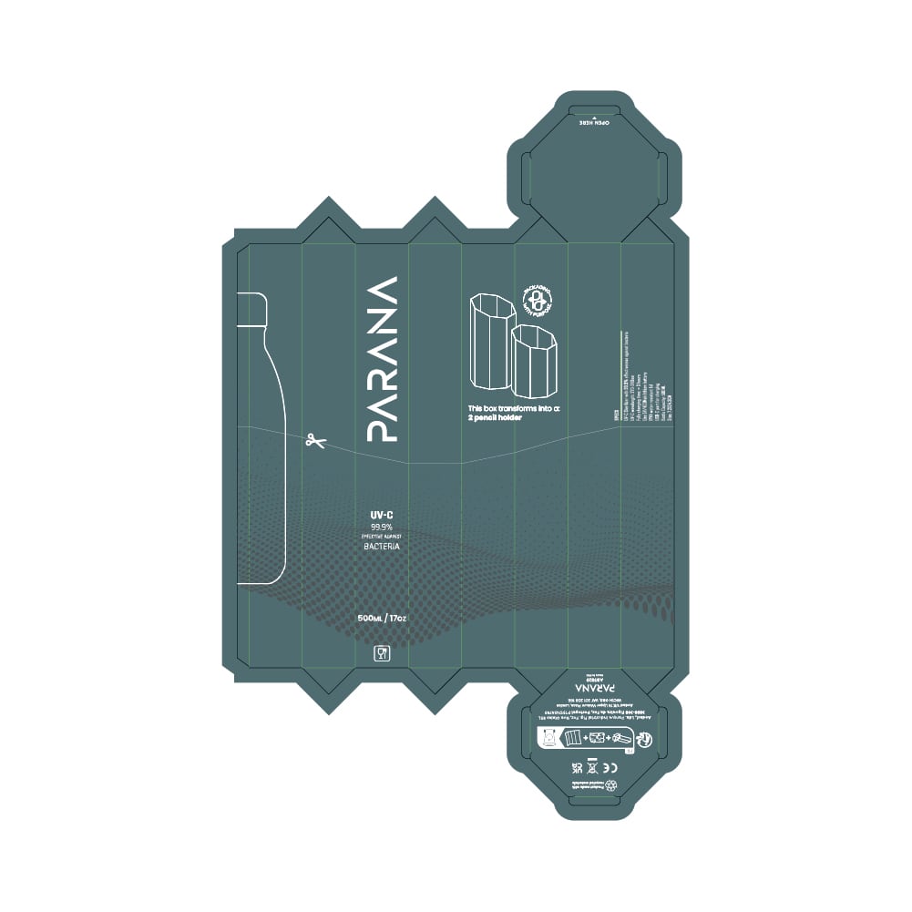 A drink bottle packaging featuring a leakproof, double-walled design. The bottle is 550ml and includes a UV sanitizer. It has a logo.