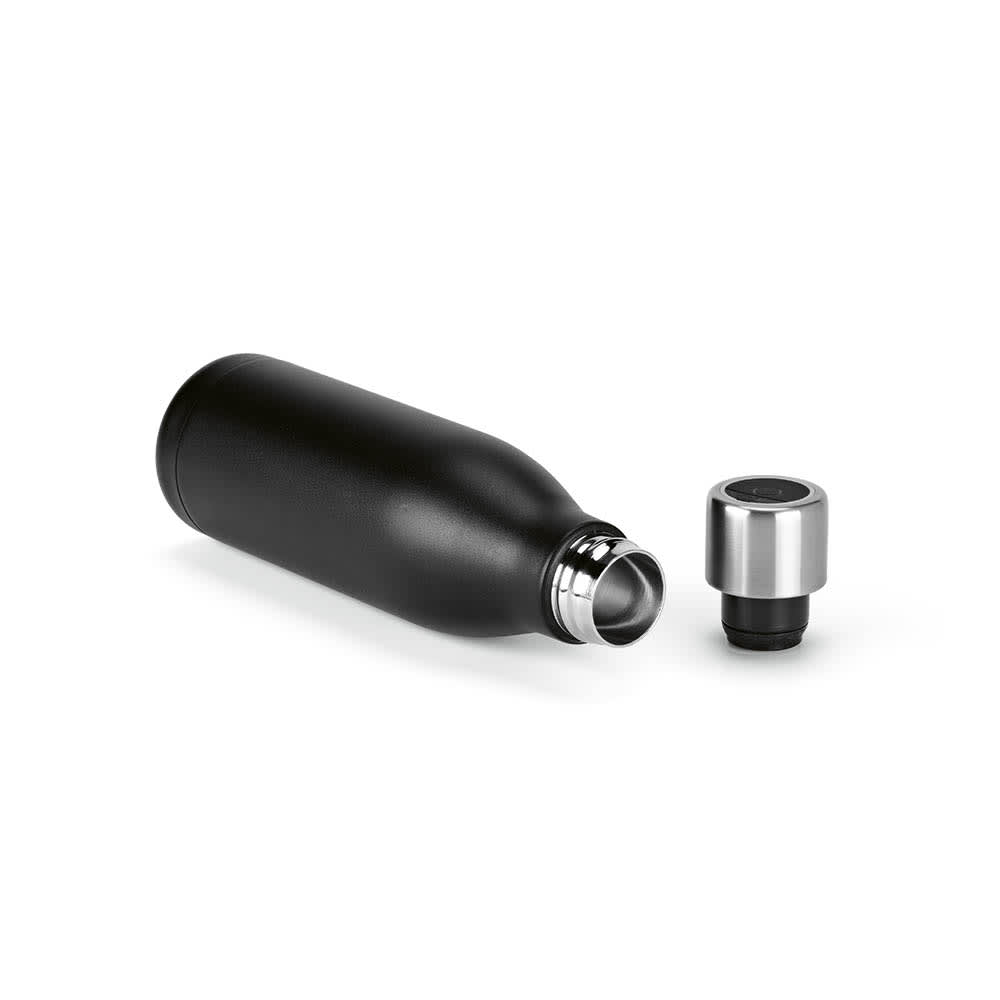 A drink bottle in matte black with a stainless steel lid, featuring a UV sanitizer and leakproof design.