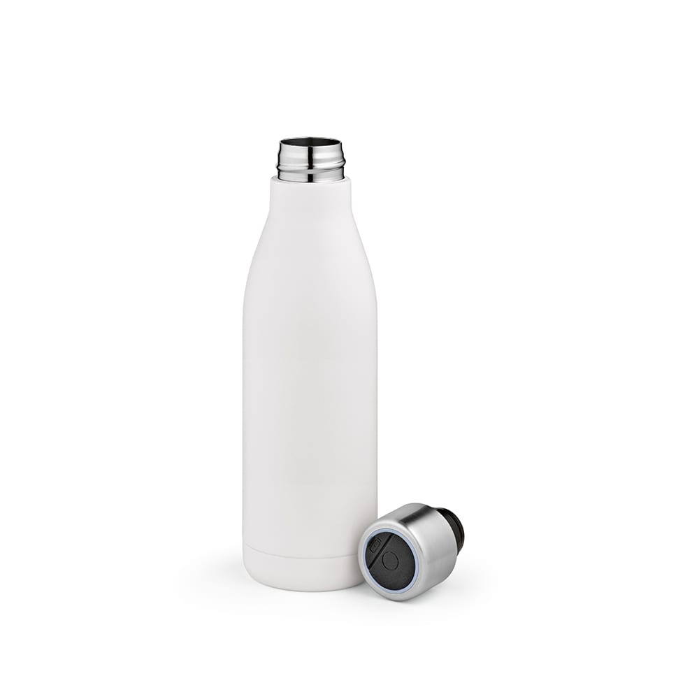 A drink bottle in matte white with a silver lid, featuring a logo and a separate UV sanitizer cap.