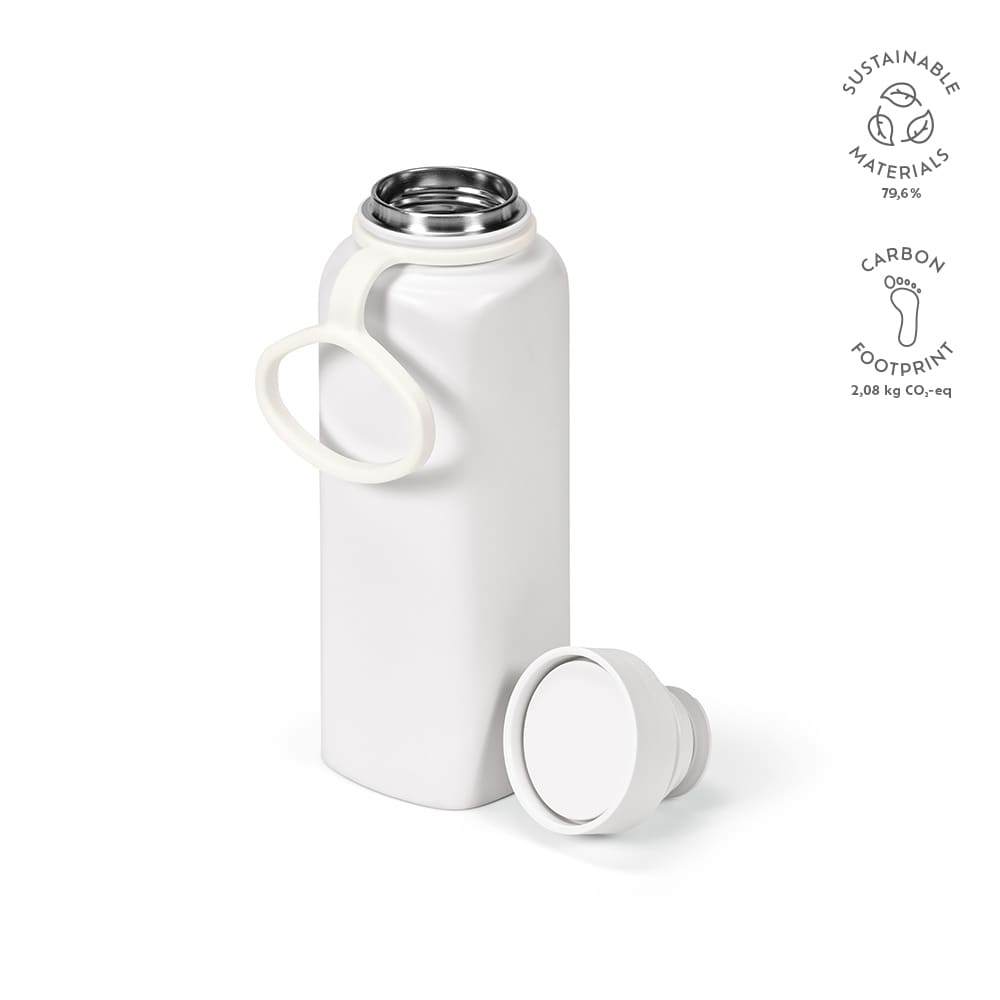 A drink bottle in white with a double wall, leakproof design, and a 360° push lid. Features a logo.