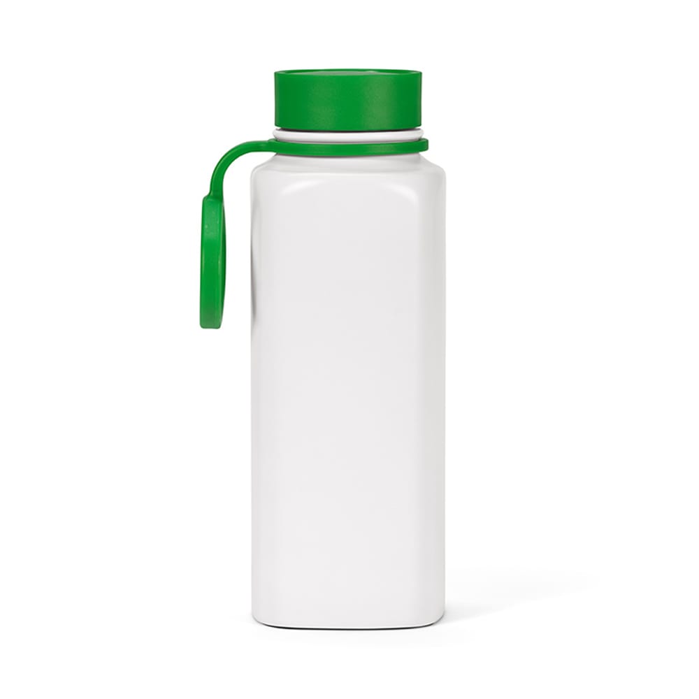 A drink bottle with a white body and green lid, featuring a double wall and leakproof design.