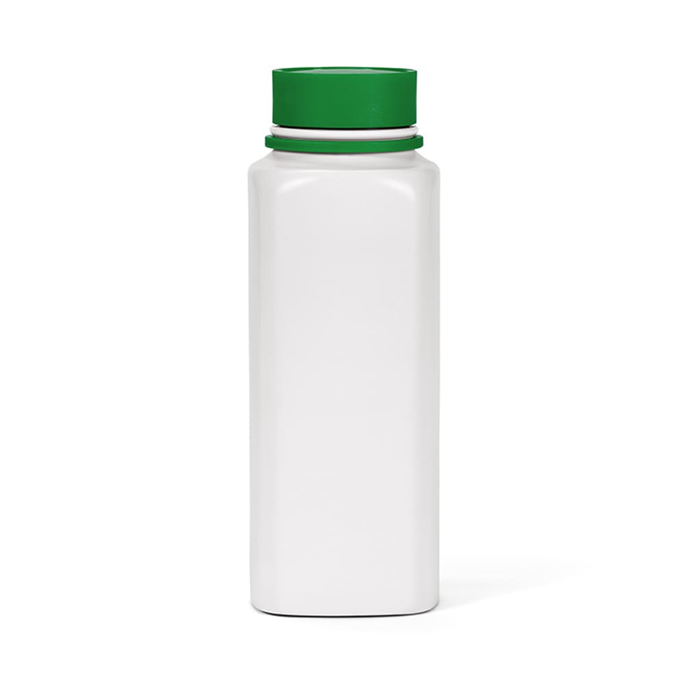 A drink bottle with a white body and green lid, featuring a double wall and leakproof design, along with a logo.