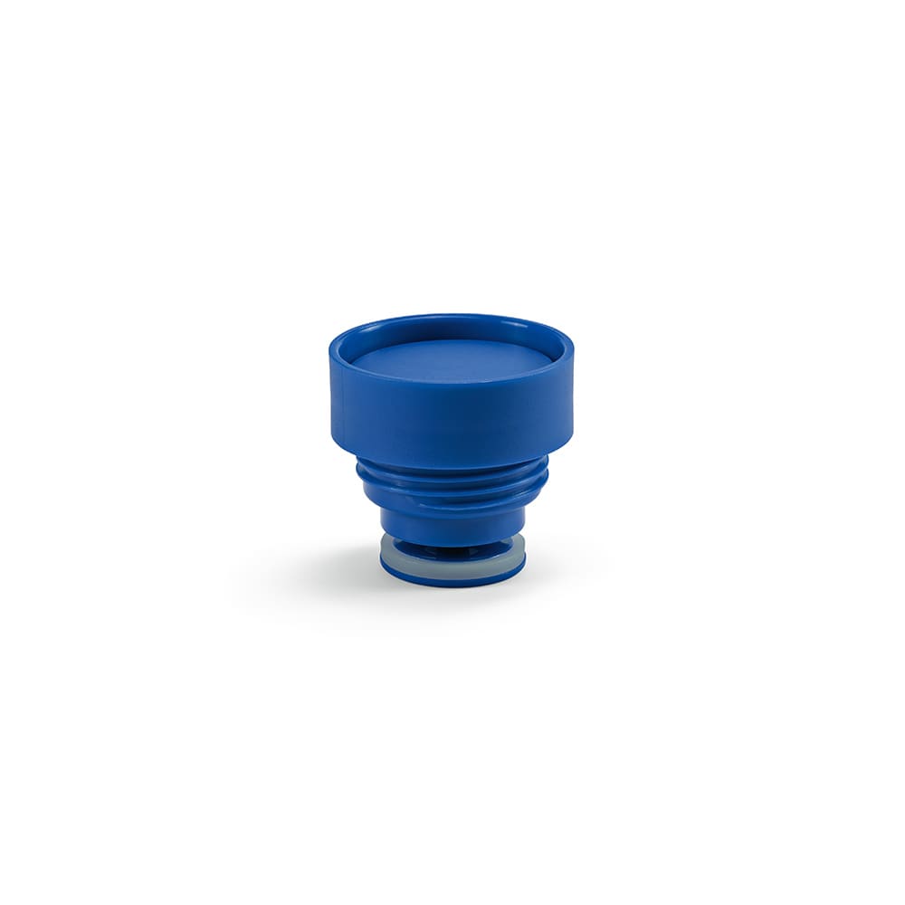 A blue drink bottle lid with a smooth top and leakproof design, featuring a subtle textured grip.