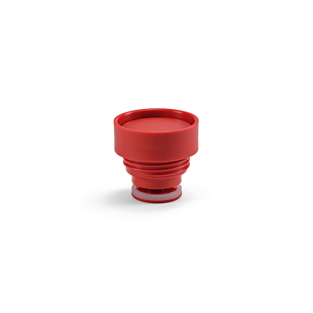 A drink bottle lid in red, featuring a double wall design and a leakproof seal. It has a smooth, rounded top.