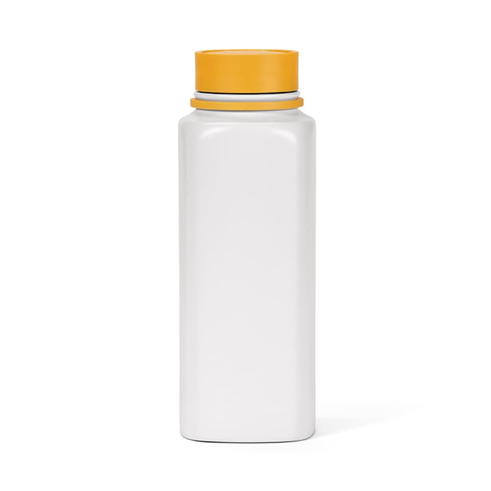A drink bottle in white with a yellow lid, featuring a double wall and a leakproof design. It has a branding logo.