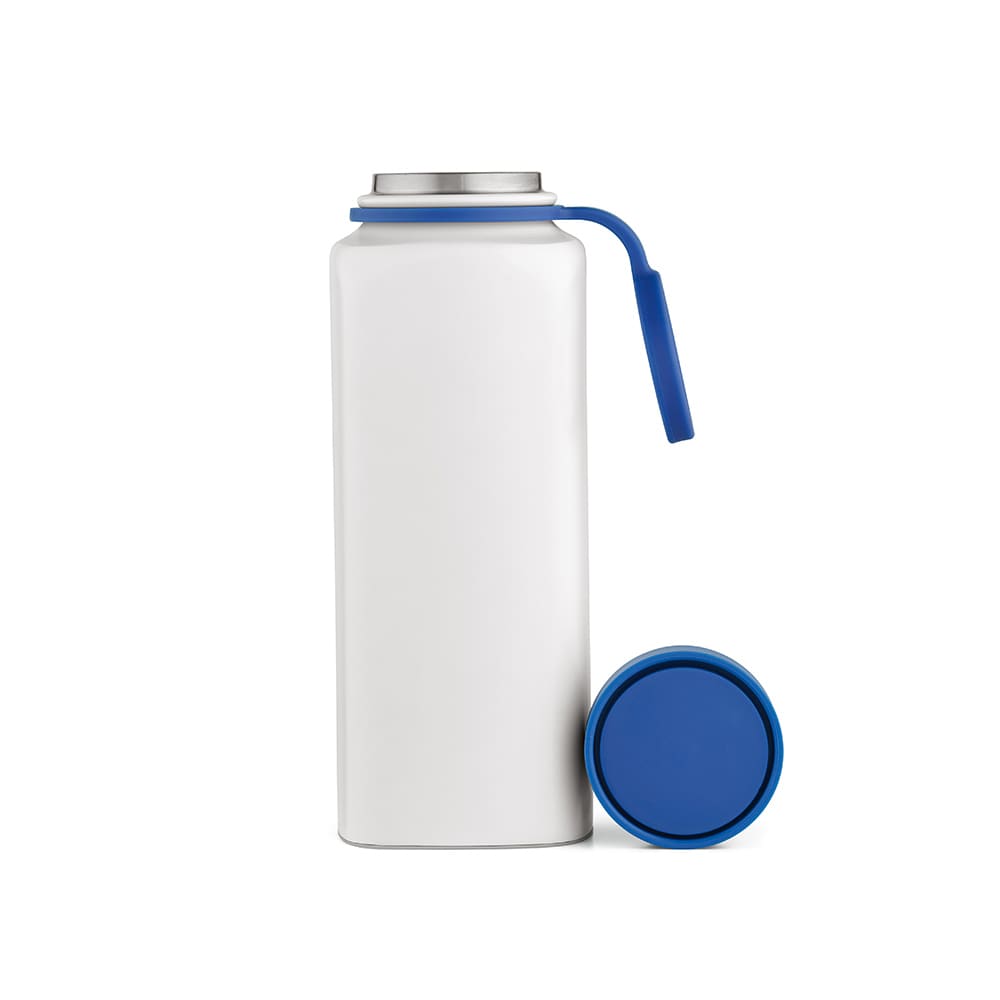 A drink bottle featuring a white exterior, blue lid, and a convenient handle, designed to be double-walled and leakproof.