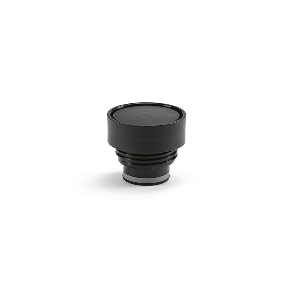 A drink bottle lid in black, featuring a smooth top and a twist base, designed for leakproof sealing.