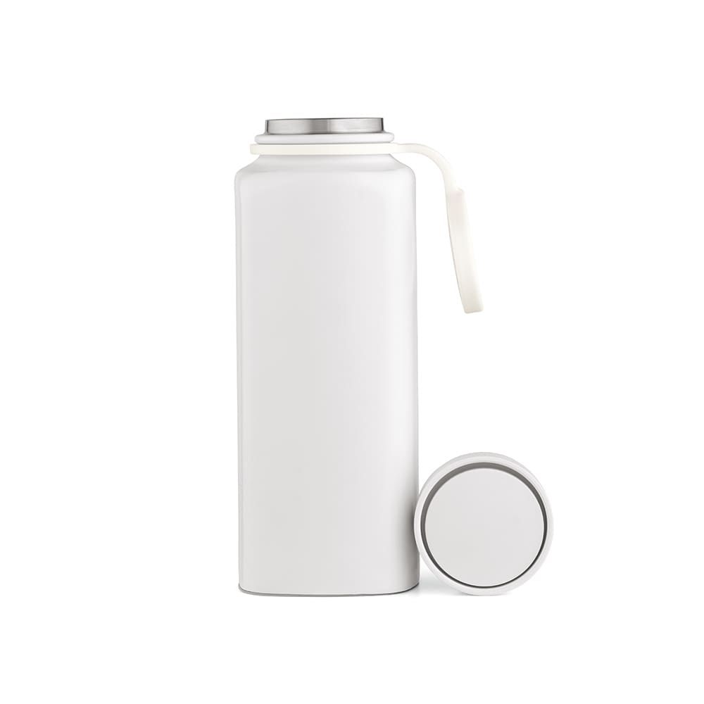 A drink bottle in white, featuring a double wall, leakproof design, and a 360° push lid. Includes a lid.