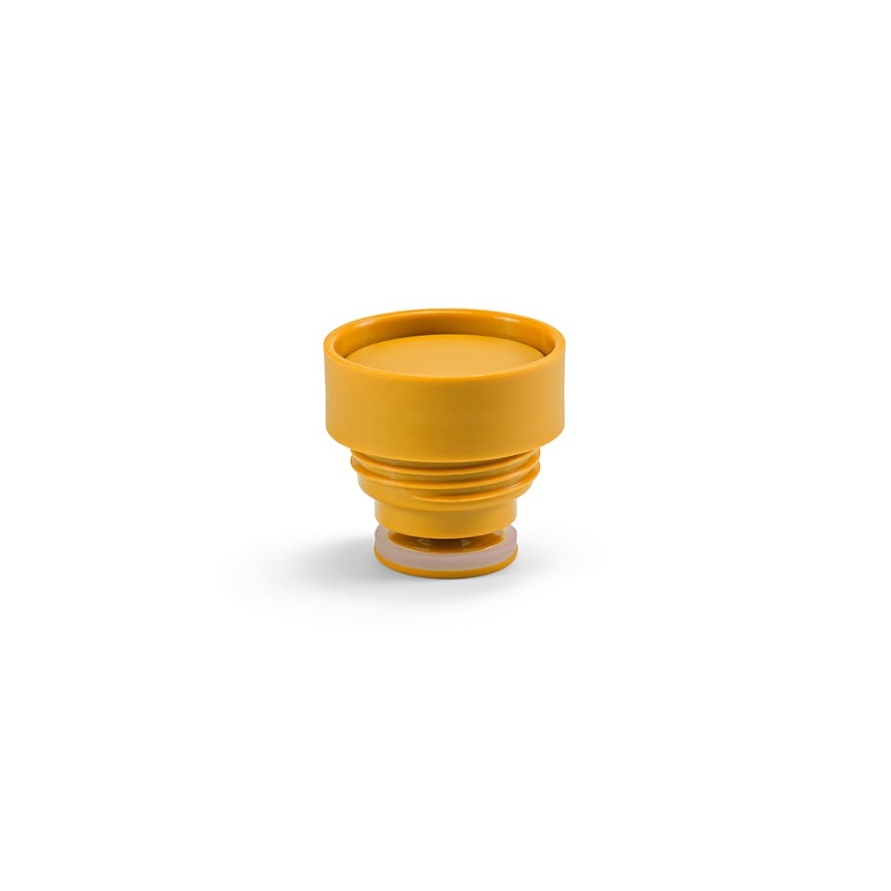 A drink bottle lid in bright yellow, featuring a push mechanism and a leakproof design. Includes a logo.
