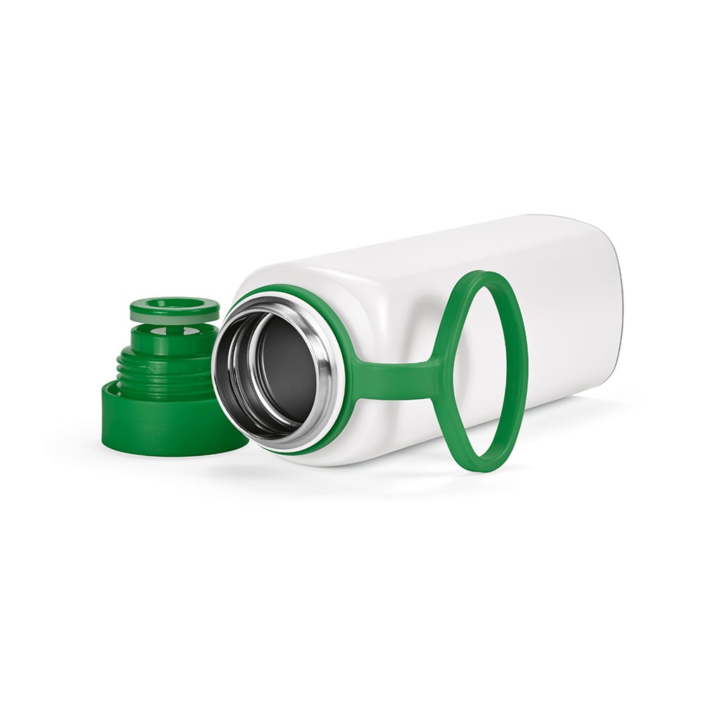A drink bottle with a white body and green lid. It features double-wall insulation and a leakproof design.