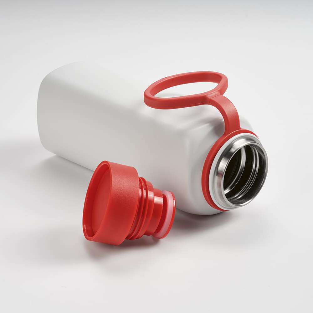 A drink bottle with a white body, red lid, and leakproof design, featuring a double wall and a branding logo.