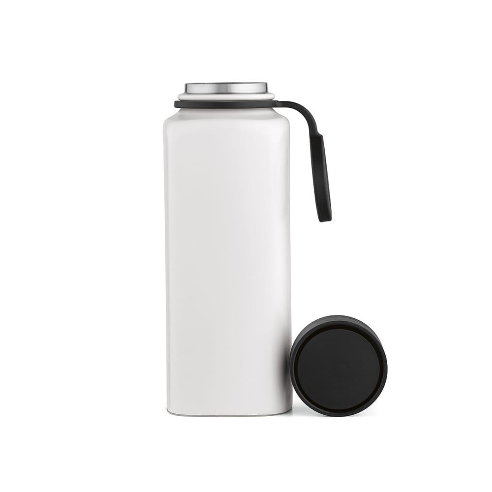 A drink bottle in white with a black lid. Features a double wall, leakproof design, and a handle.