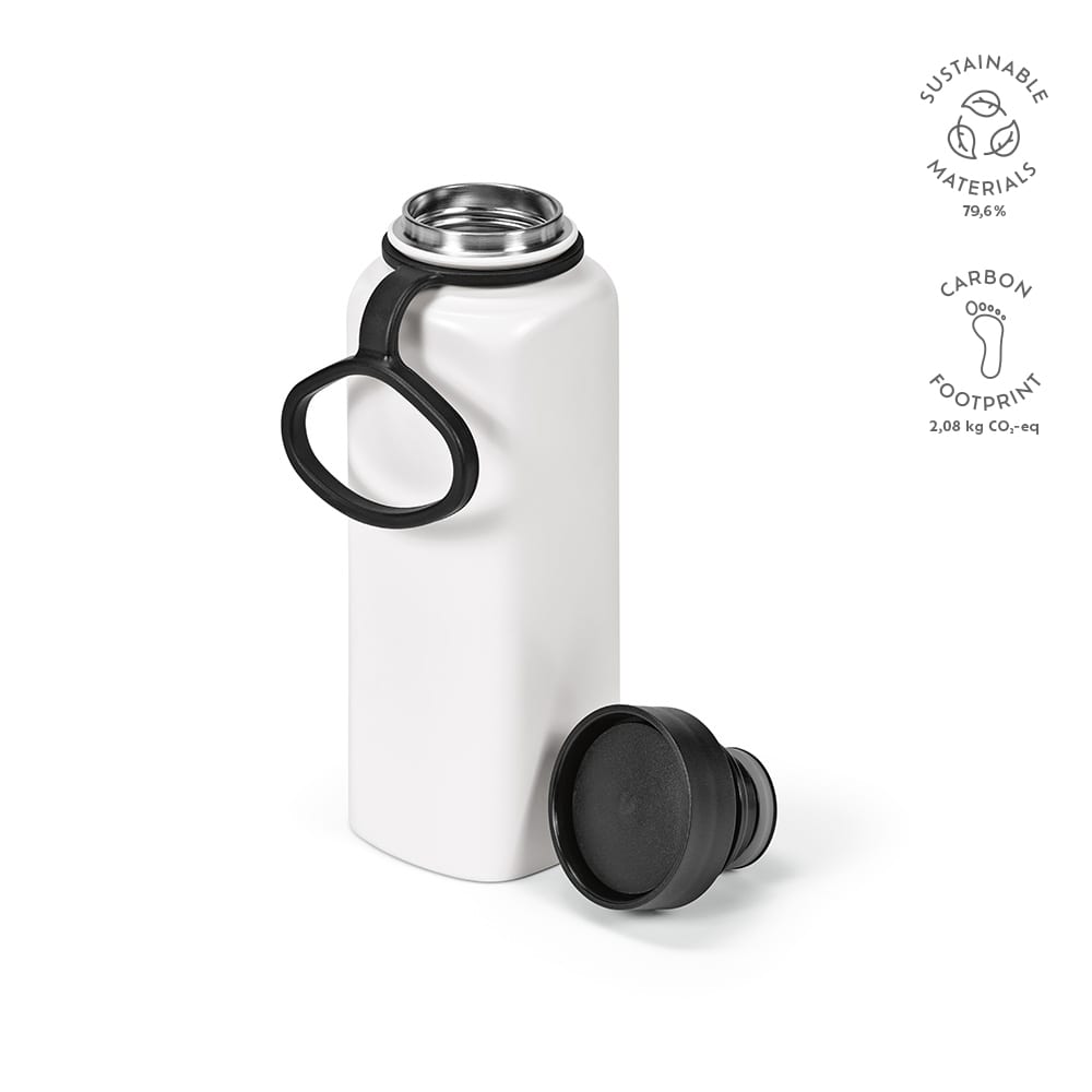 A drink bottle in white with a black lid and handle, featuring a branding logo and a sleek design.