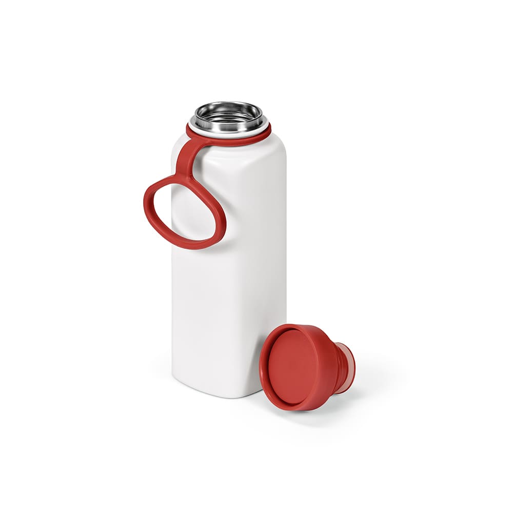 A drink bottle with a white body, red lid, and handle. It features a double wall and is leakproof.
