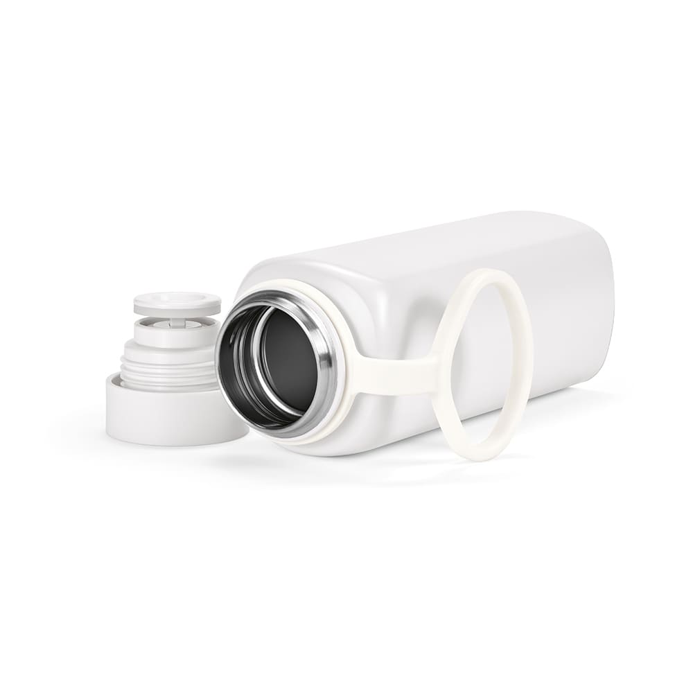 A drink bottle in white with a stainless steel interior, featuring a leakproof design and a 360° push lid.