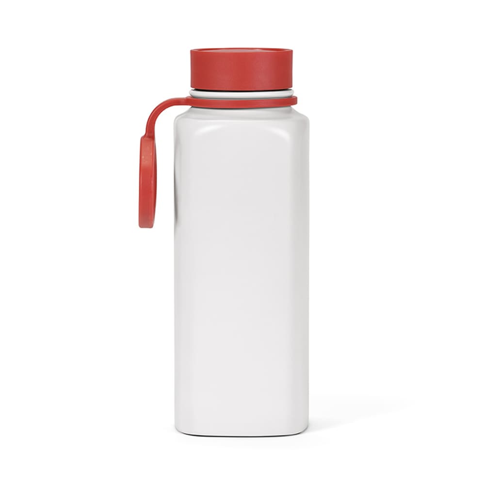 A drink bottle in white with a red lid and a handle, featuring a double wall and leakproof design.
