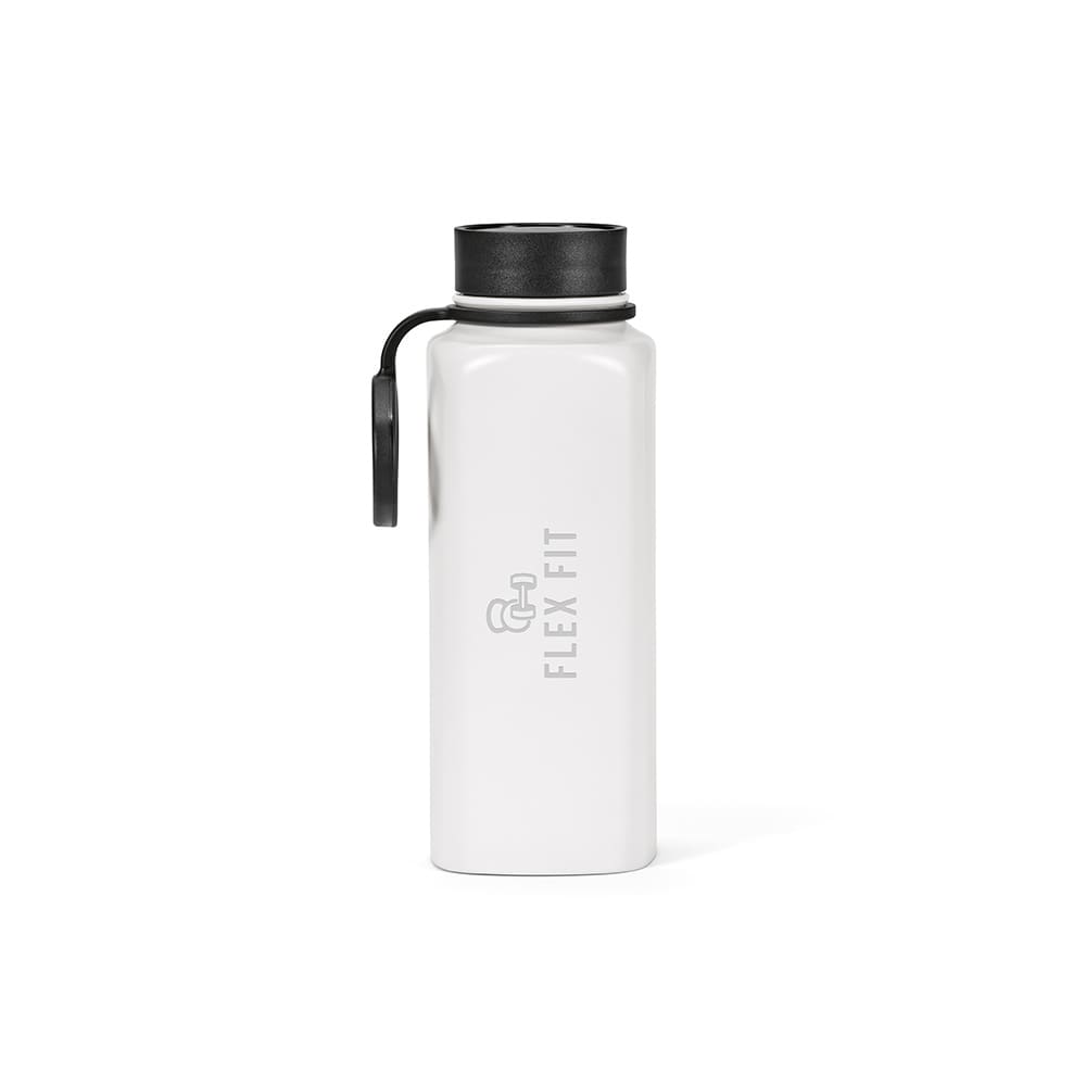 A drink bottle in white with a black lid, featuring a logo and a sturdy handle. It is double-walled and leakproof.