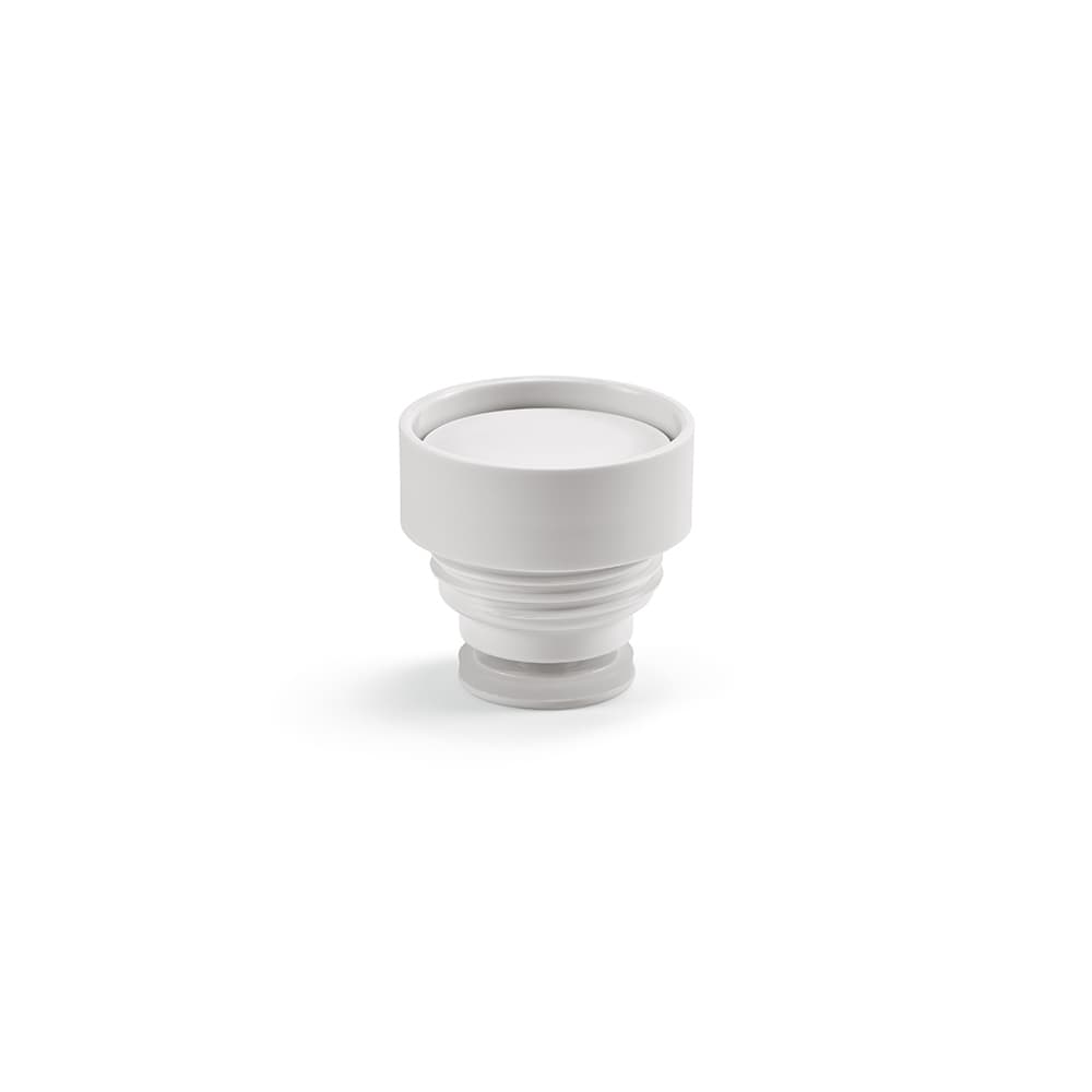 A drink bottle lid in white, featuring a smooth top and a threaded base for secure attachment.