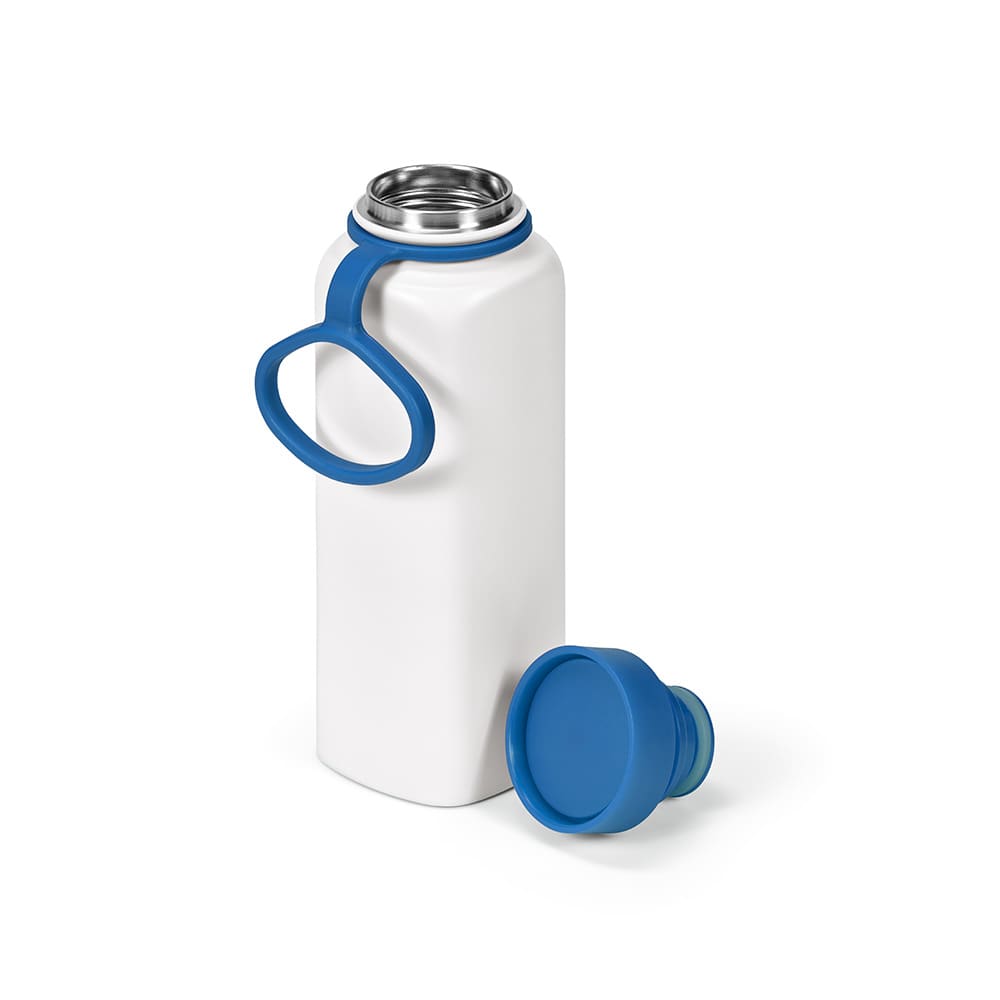 A drink bottle featuring a white body and a blue lid, with a double wall and leakproof design.