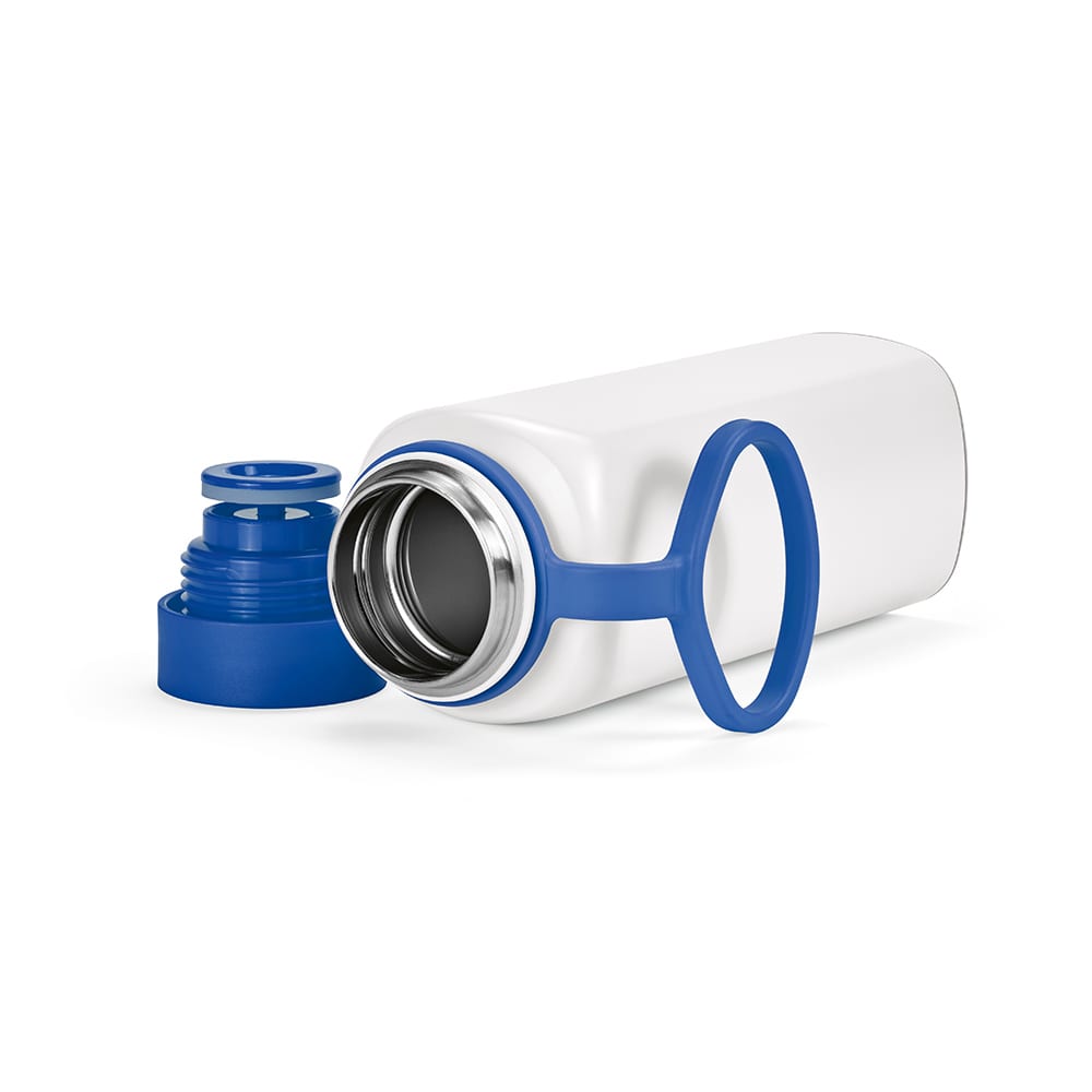 A drink bottle in white with a blue lid and handle, featuring a double wall and leakproof design.