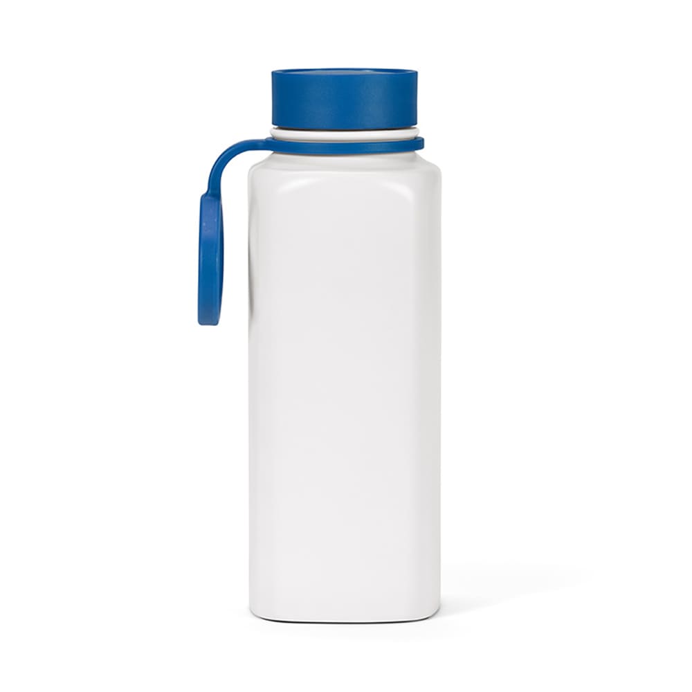 A drink bottle in white with a blue lid and a blue handle, featuring a double wall and leakproof design.