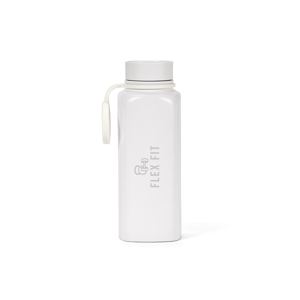 A drink bottle in white, featuring a double wall, leakproof design, and a 360° push lid. It has a logo.
