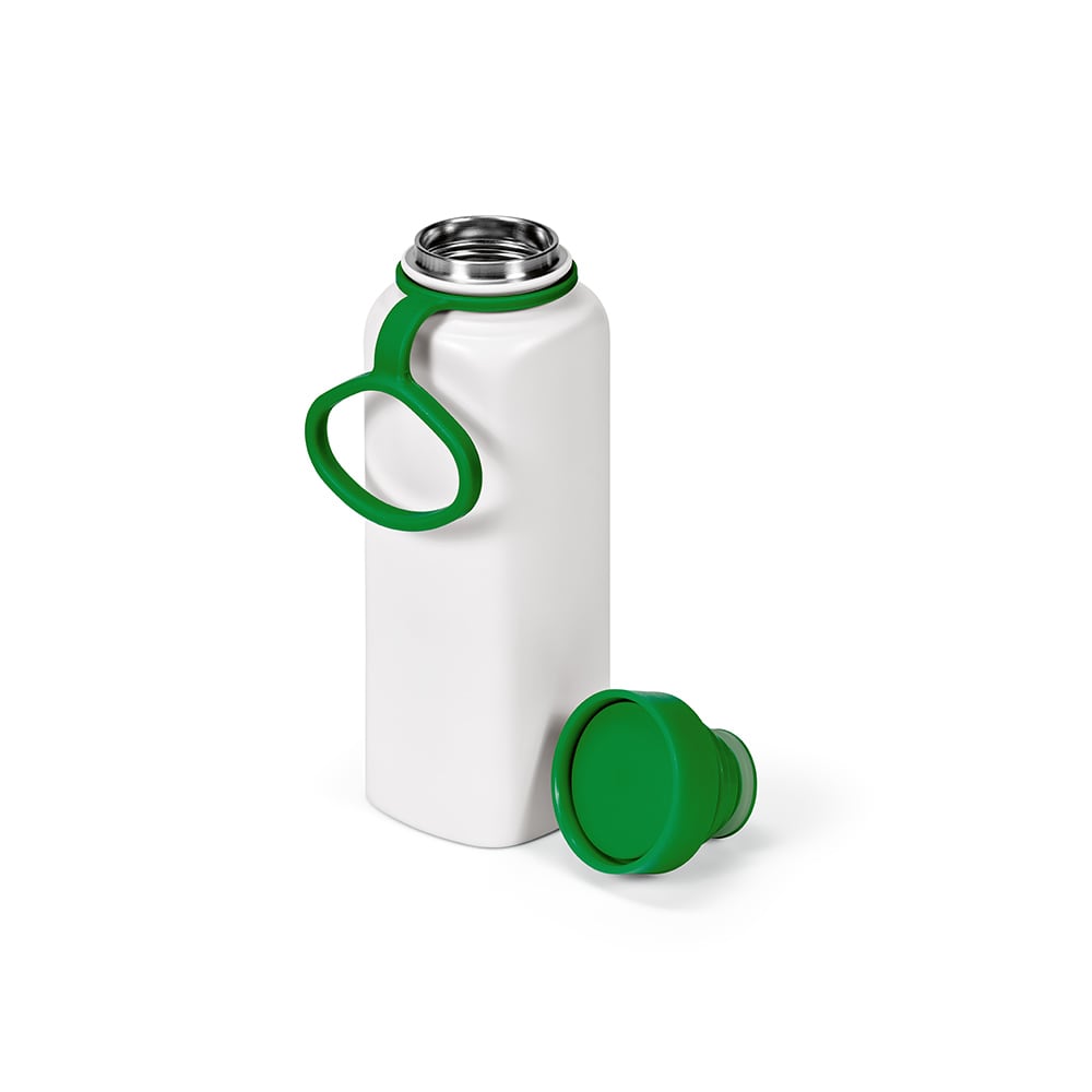 A drink bottle in white with a green lid and handle, featuring a double wall and leakproof design.