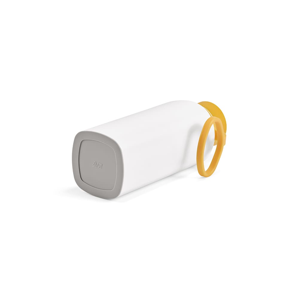 A drink bottle with a white body, grey base, and a yellow push lid. It has a logo on one side.
