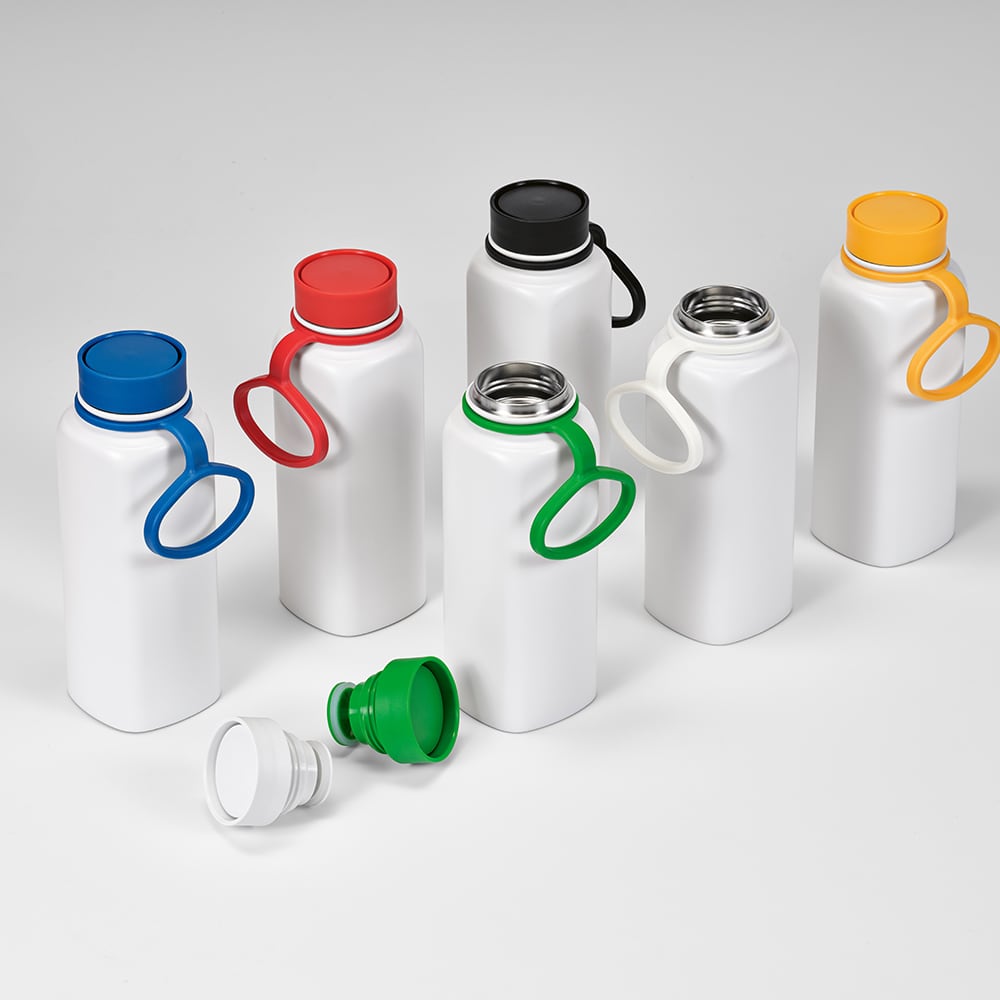 A drink bottle collection featuring white bodies with coloured lids in blue, red, green, black, and yellow, and a green push lid.