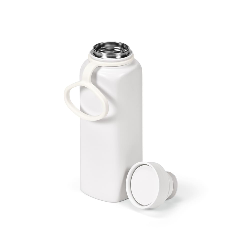A drink bottle in white, featuring a double wall, leakproof design, and a 360° push lid. Includes a logo.